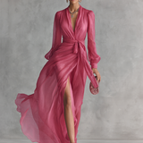 Carla | Vestido largo fluido con escote profundo, mangas largas y abertura lateral