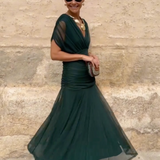 Elisa | Vestido midi con escote bardot, diseño drapeado y estampado floral elegante