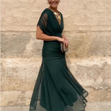 Elisa | Vestido midi con escote bardot, diseño drapeado y estampado floral elegante