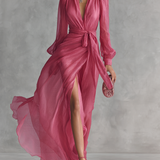 Carla | Vestido largo fluido con escote profundo, mangas largas y abertura lateral