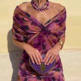 Elisa | Vestido midi con escote bardot, diseño drapeado y estampado floral elegante