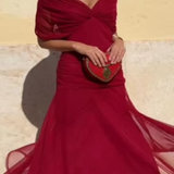 Elisa | Vestido midi con escote bardot, diseño drapeado y estampado floral elegante