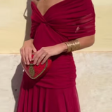 Elisa | Vestido midi con escote bardot, diseño drapeado y estampado floral elegante