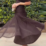 Elisa | Vestido midi con escote bardot, diseño drapeado y estampado floral elegante