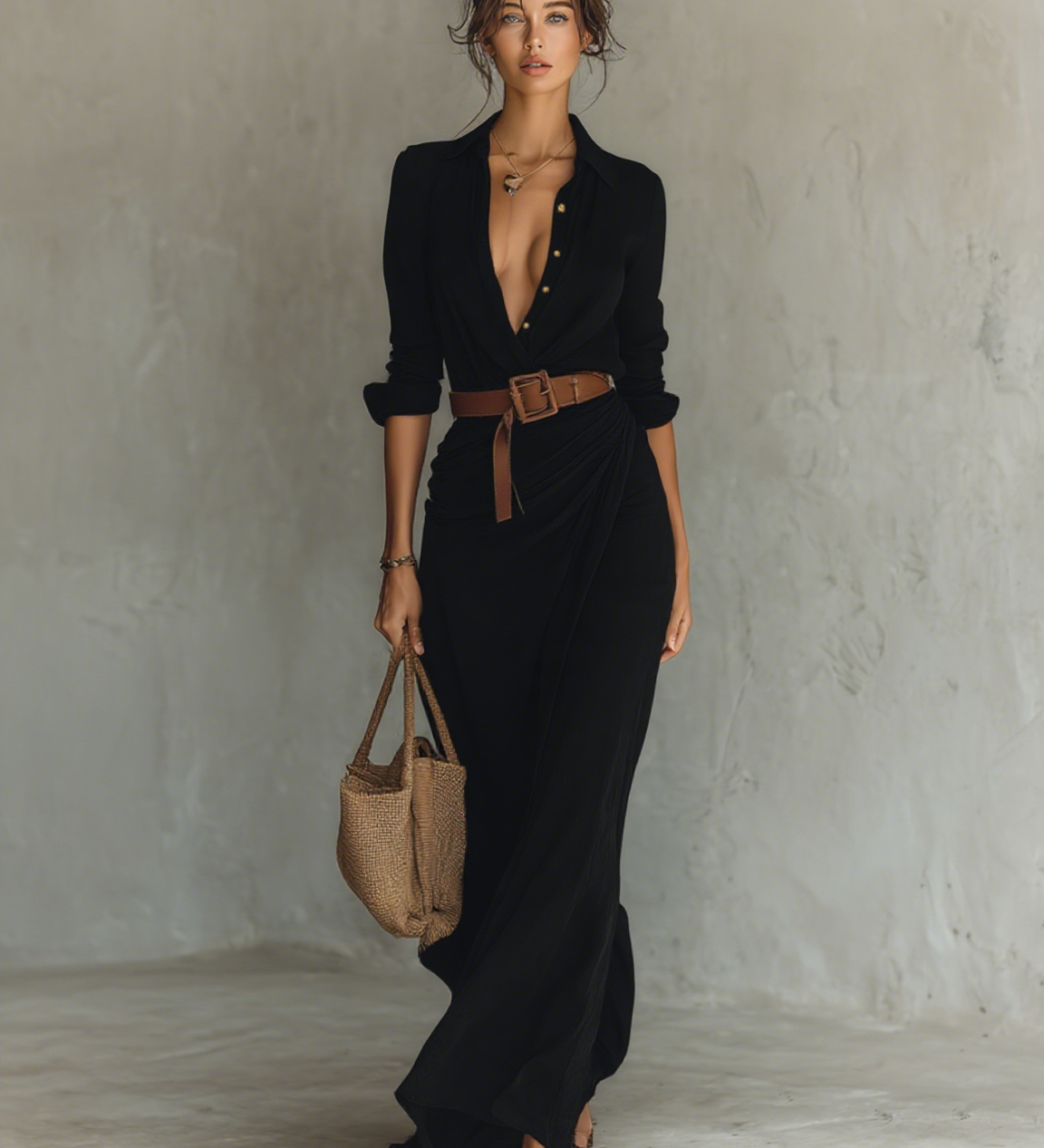 Daniela | Vestido maxi con solapa y mangas largas para mujeres