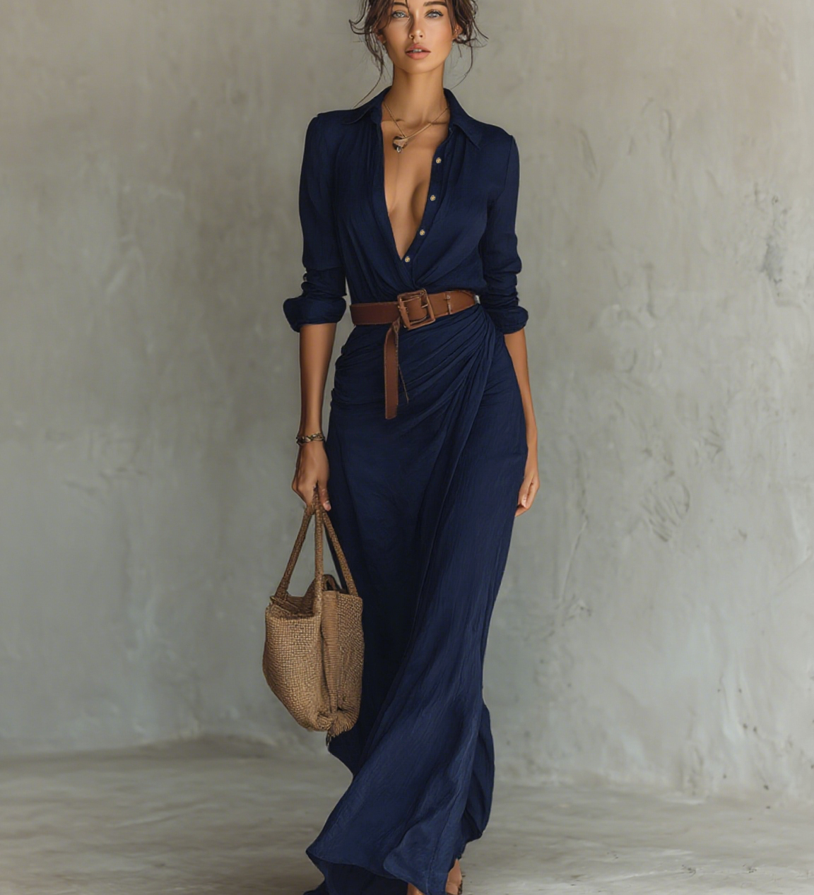 Daniela | Vestido maxi con solapa y mangas largas para mujeres