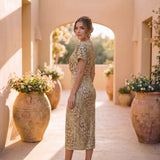 Elena | Vestido midi elegante con escote en V y estampado artístico