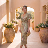 Elena | Vestido midi elegante con escote en V y estampado artístico