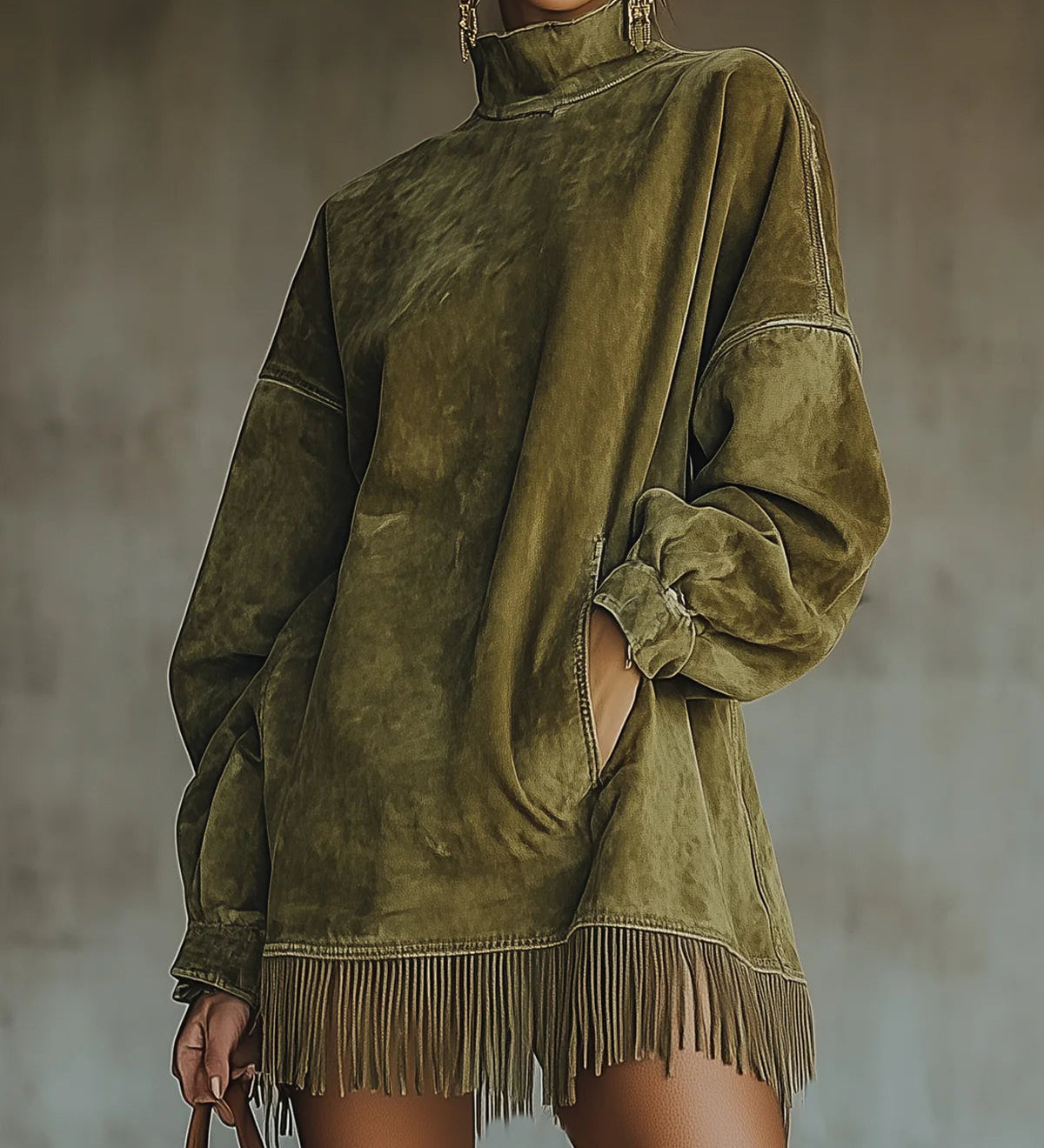 Gabriela - Vestido de ante con cuello alto y flecos