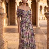 Elisa | Vestido midi con escote bardot, diseño drapeado y estampado floral elegante