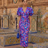 Natalia | Vestido midi ajustado con escote en V, mangas abullonadas y estampado vibrante