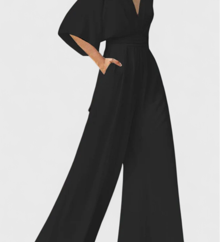 Isaura Mono Largo Elegante con Pierna Ancha y Escote en V