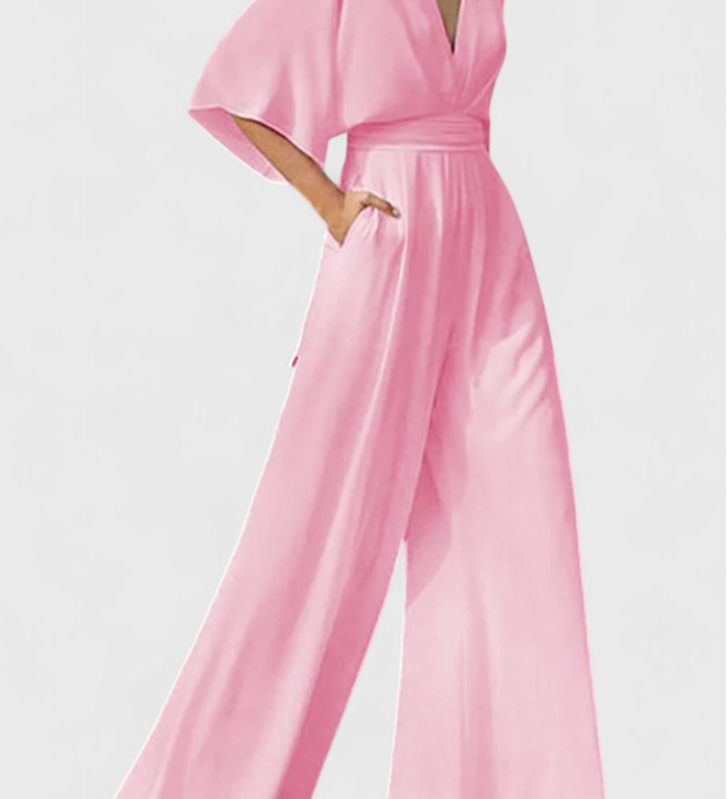 Isaura Mono Largo Elegante con Pierna Ancha y Escote en V