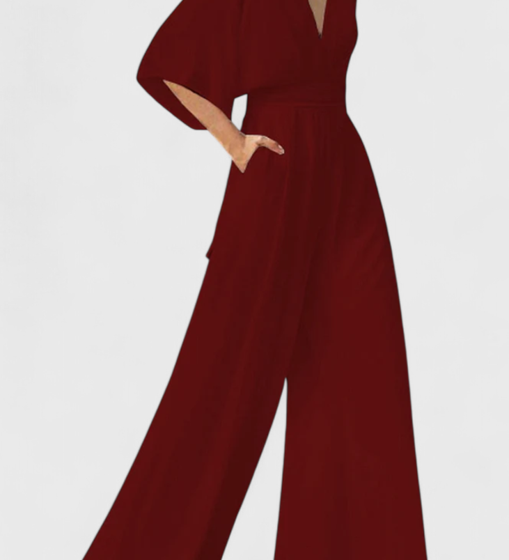 Isaura Mono Largo Elegante con Pierna Ancha y Escote en V