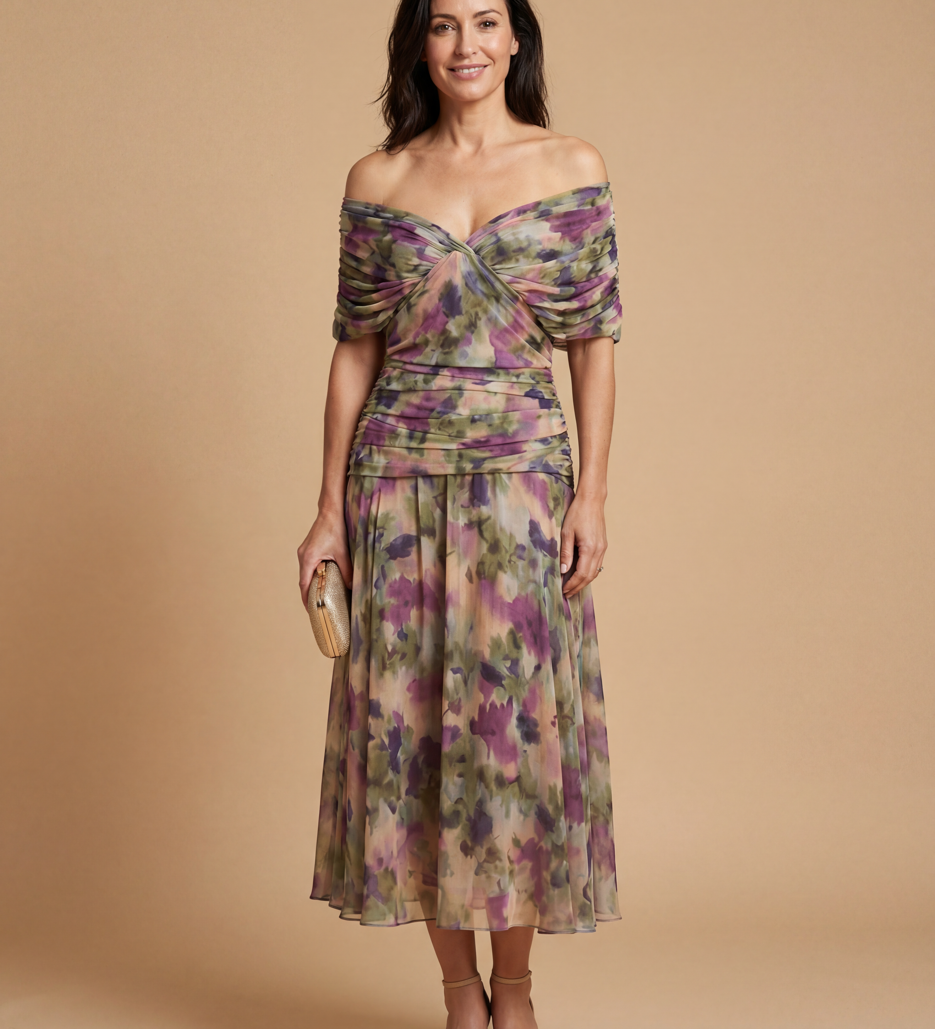Elisa | Vestido midi con escote bardot, diseño drapeado y estampado floral elegante