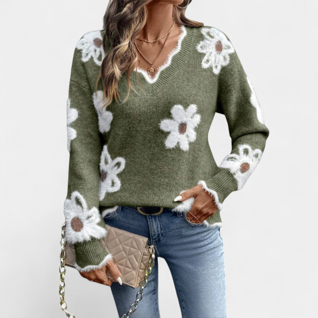 Thea Suéter Floral Elegante Con Cuello En V
