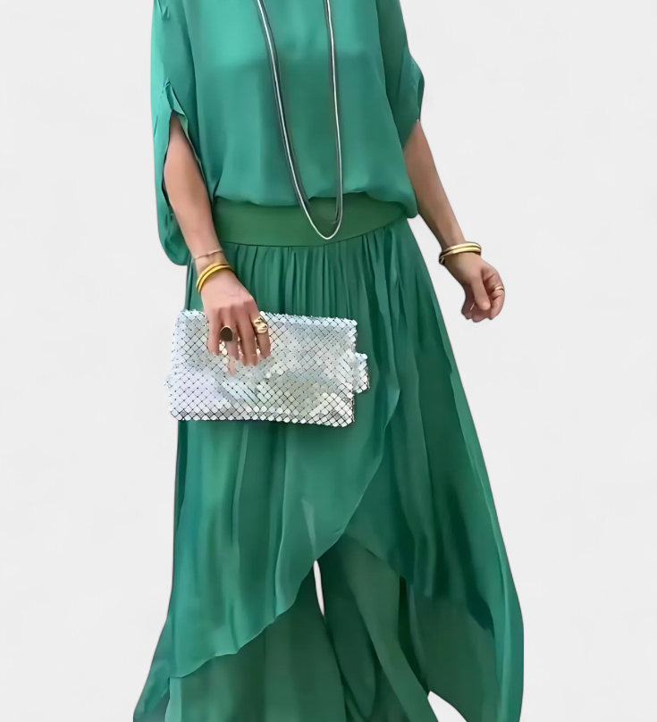 Maravilla Conjunto Fluido de Dos Piezas con Top Holgado y Falda Asimétrica